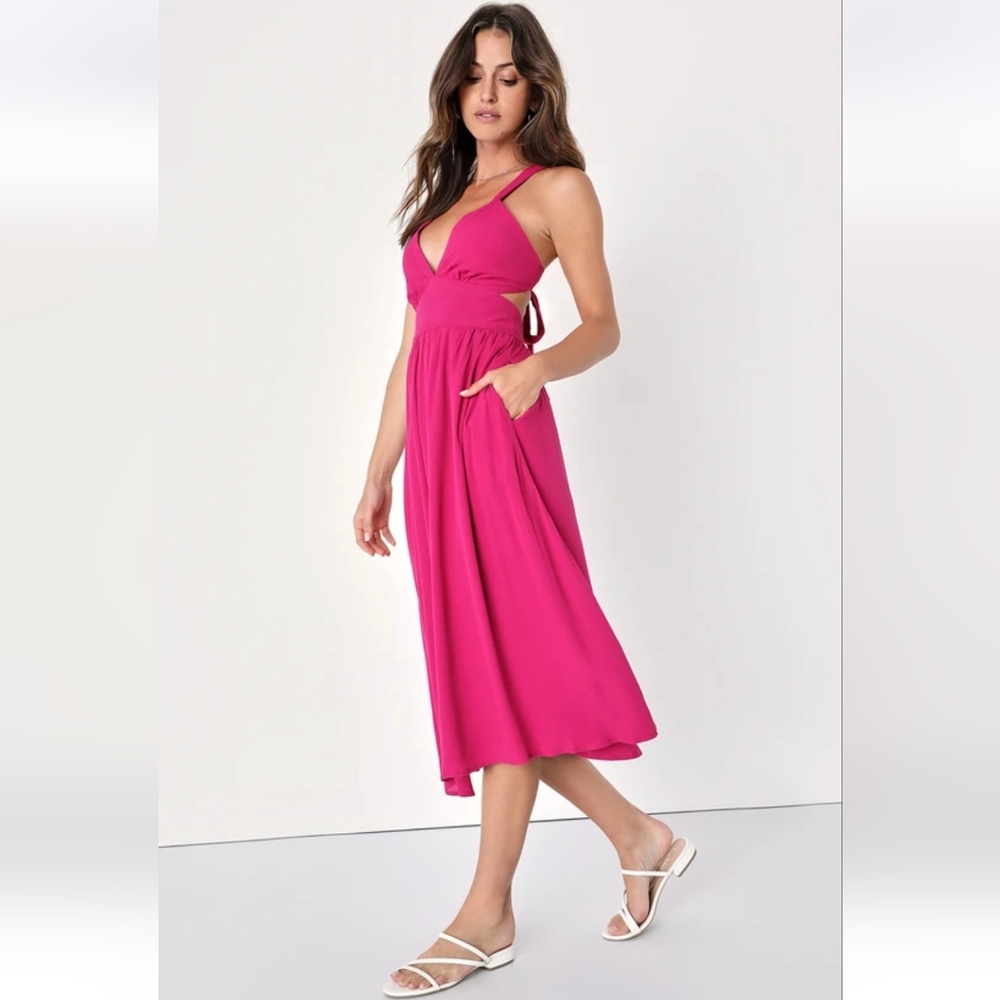 Lulus Bold New Look Magenta Tie Back Midi Dress With Pockets Size Large